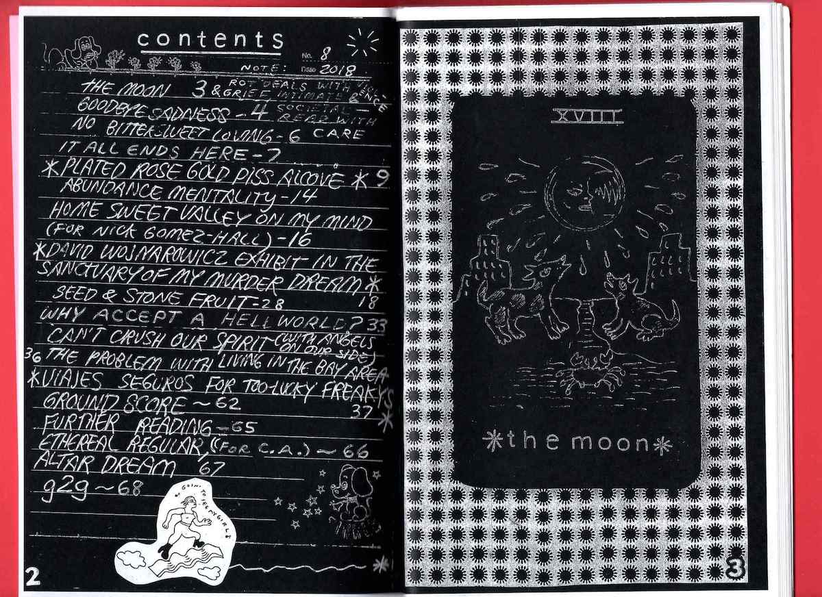 Scan of a two-page spread against a red background. The left page has a handwritten table of contents, and the right page shows an illustration of the Moon tarot card.