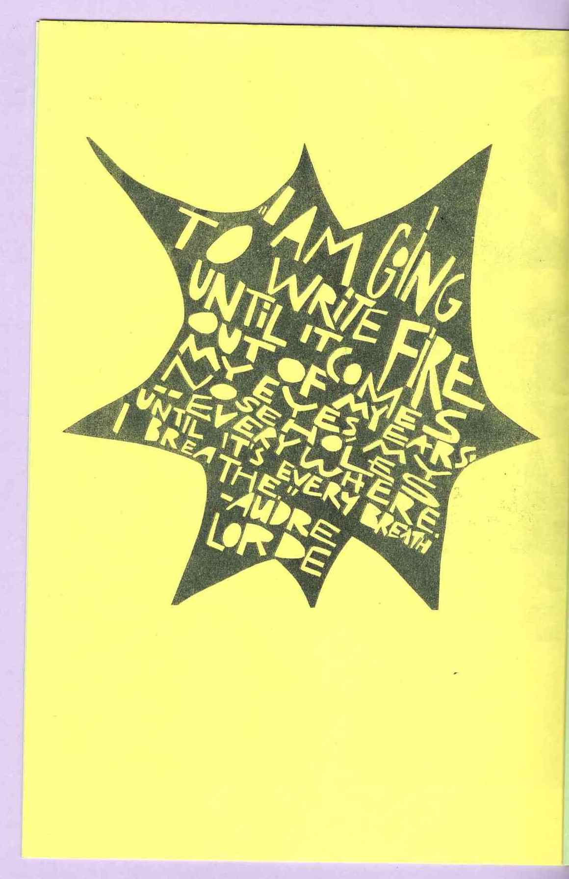 Light yellow page on a lavender background. The page features a print in black ink of a paper-cut epigram by Audre Lorde.