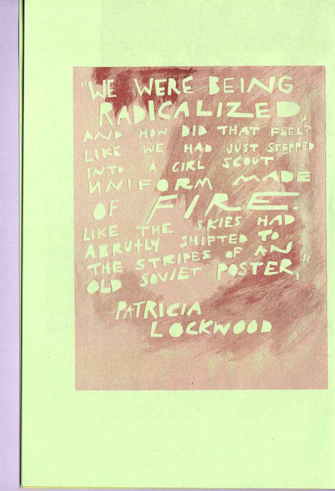 Light green page on a lavender background. The page features a print in red ink of a paper-cut epigram by Patricia Lockwood.