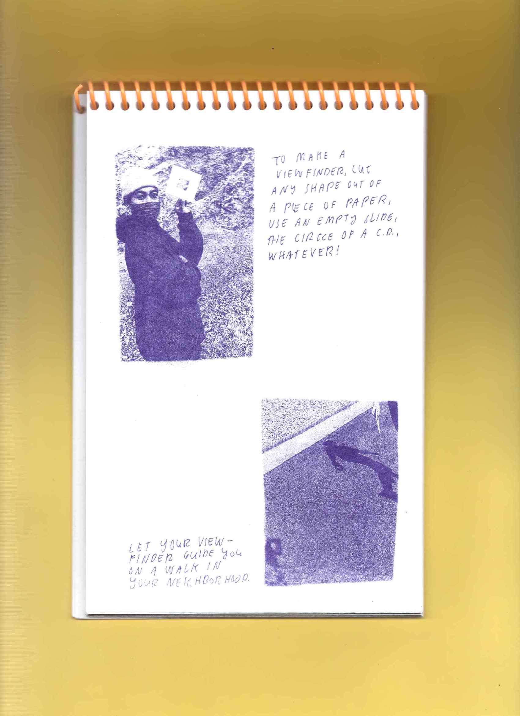 white spiral-bound notebook page with two images and handwritten text in purple ink