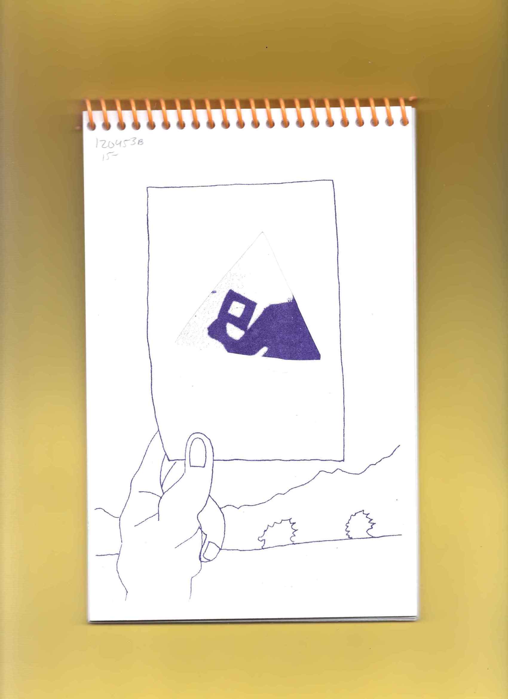 white drawing of a hand holding up a sheet of paper with a triangular cutout in the center, like a viewfinder