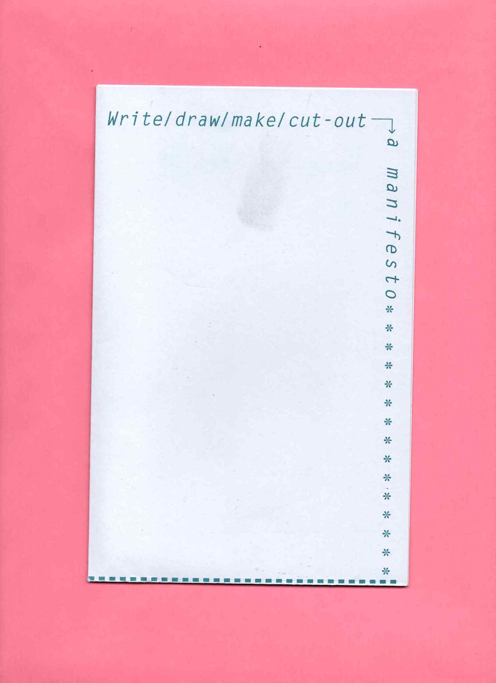 A blank white page with teal text printed around its perimeter