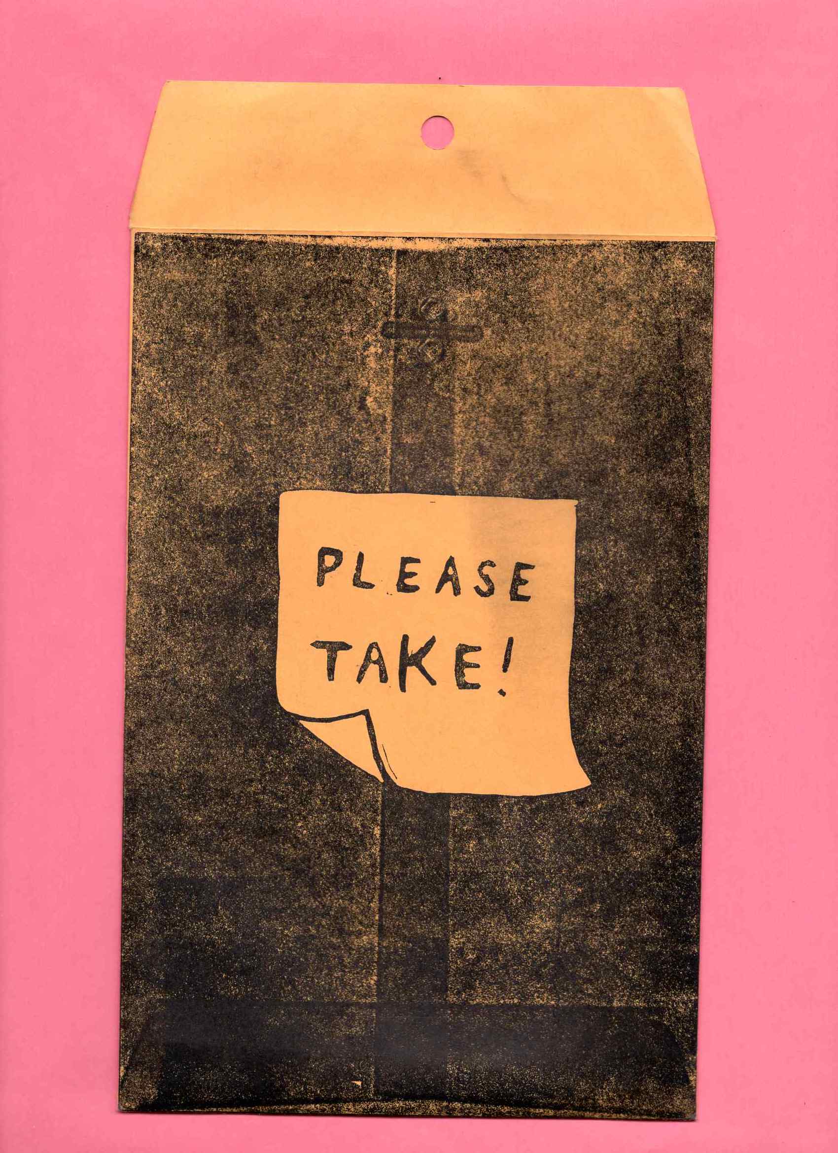 Manila envelope on a bright pink background with an illustration of a sticky note that reads 'PLEASE TAKE.'