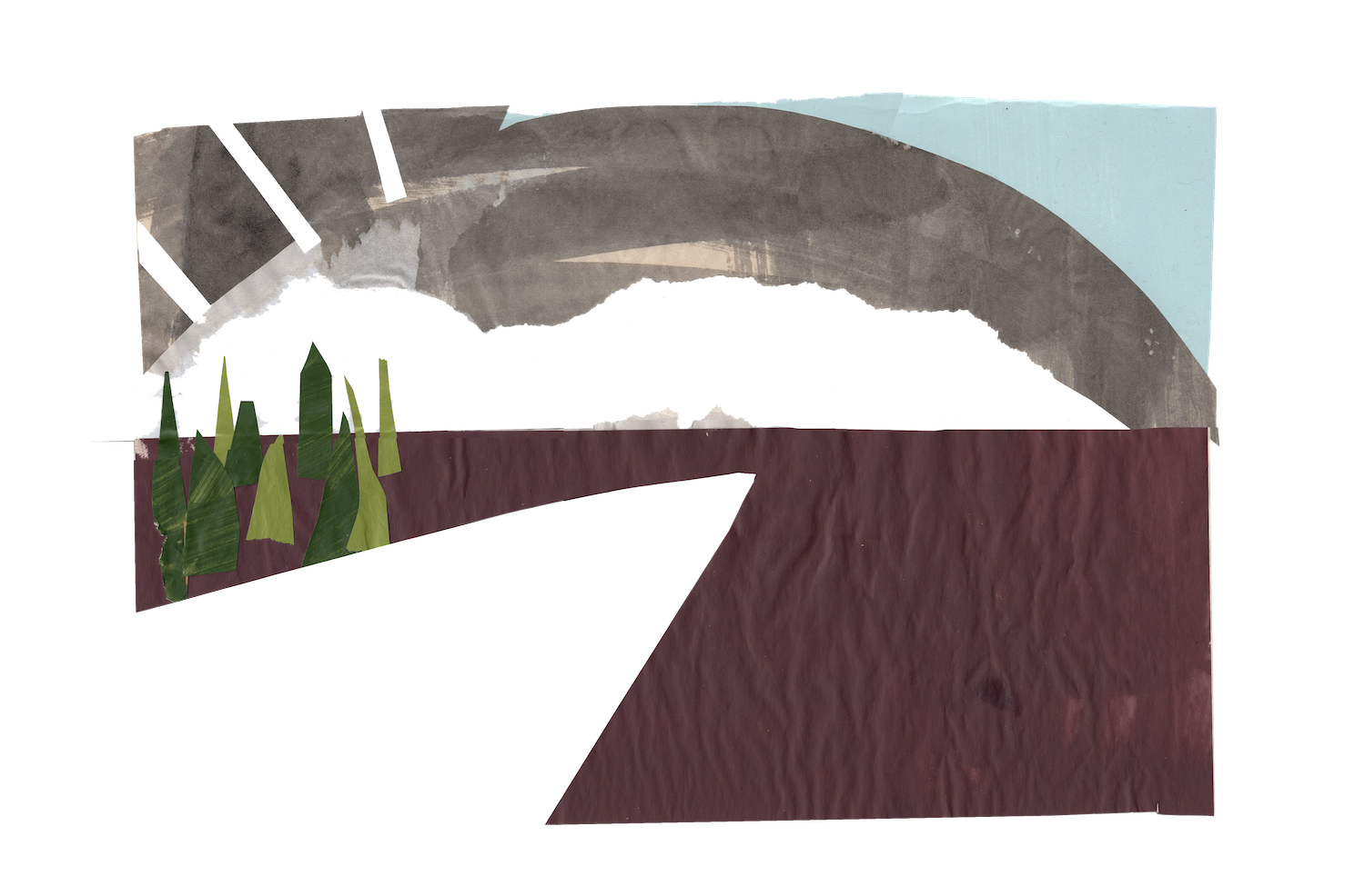 A collage of paper cutouts showing a brown landscape, a patch green evergreen trees on the left, a white road shrinking into the distance, and a large white and gray sun taking up most of the sky. The horizon cuts horizontally across the image's center.