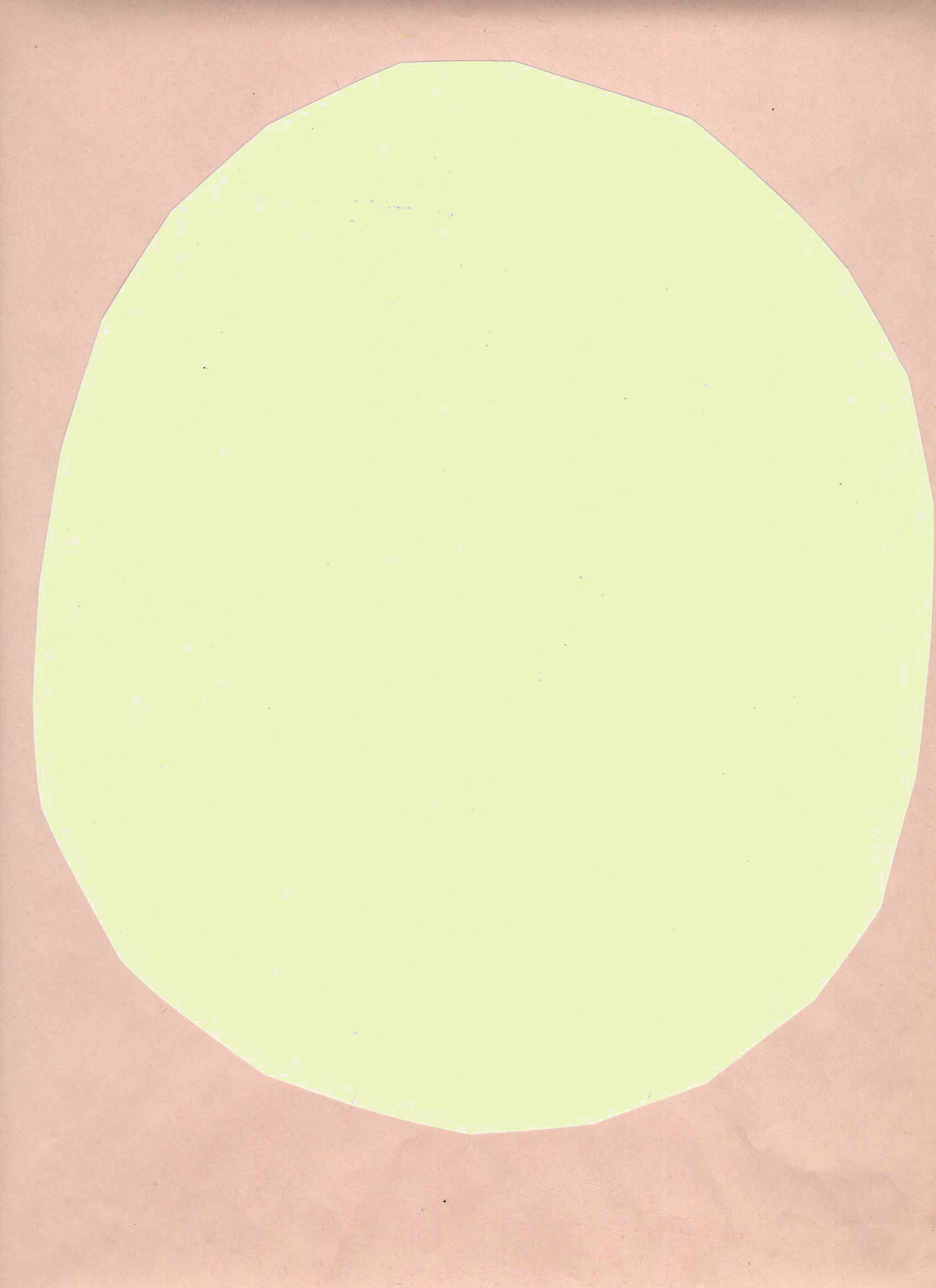 A large oval-shaped cutout of yellow paper against a light salmon pink background. The image flips upside-down when the cursor hovers over it.